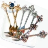 Crown fruit fork in gold and silver, creative and fashionable, 4-finger fork, retro fork, auspicious knot, factory direct sales, fabric wheel polished (mirror polished), Western-style express delivery, cake spoon for home use details Picture